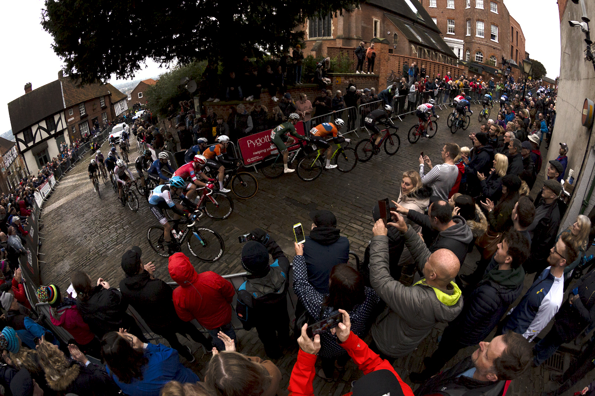 British National Road Championships 2021 - Men’s Road Race - Crowds at the top of Michaelgate film the riders on their phones