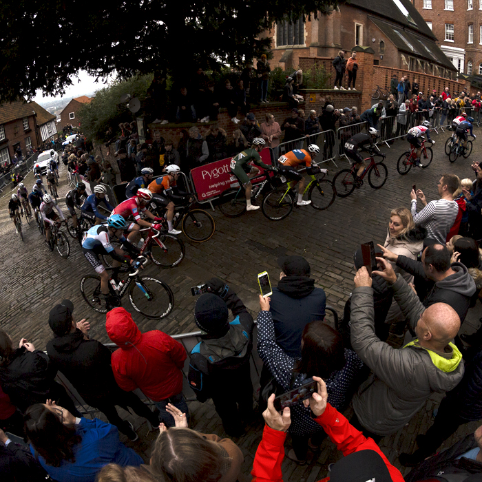 British National Road Championships 2021 - Men’s Road Race - Crowds at the top of Michaelgate film the riders on their phones