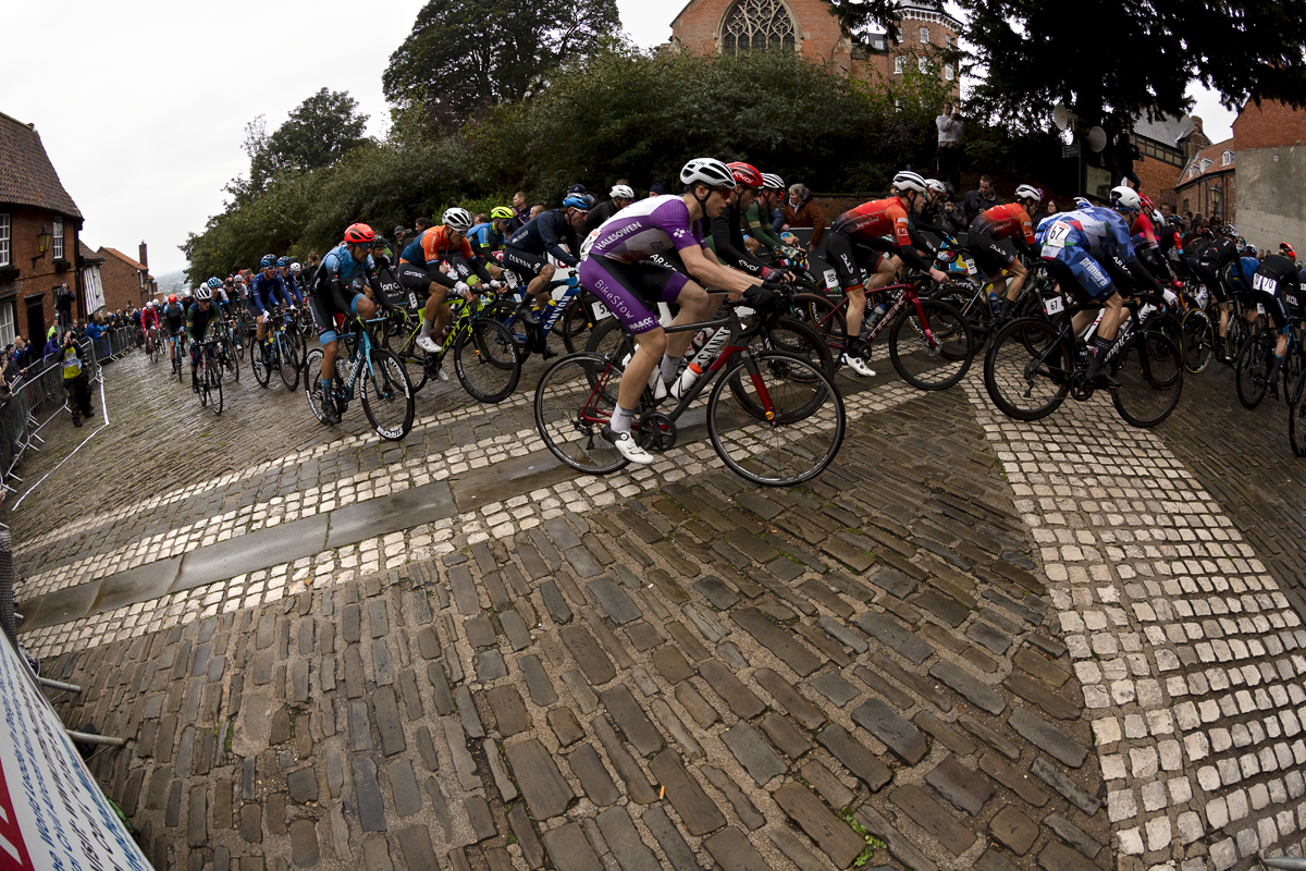 British National Road Championships 2021 - Men’s Road Race - The peloton at the top of Michaelgate