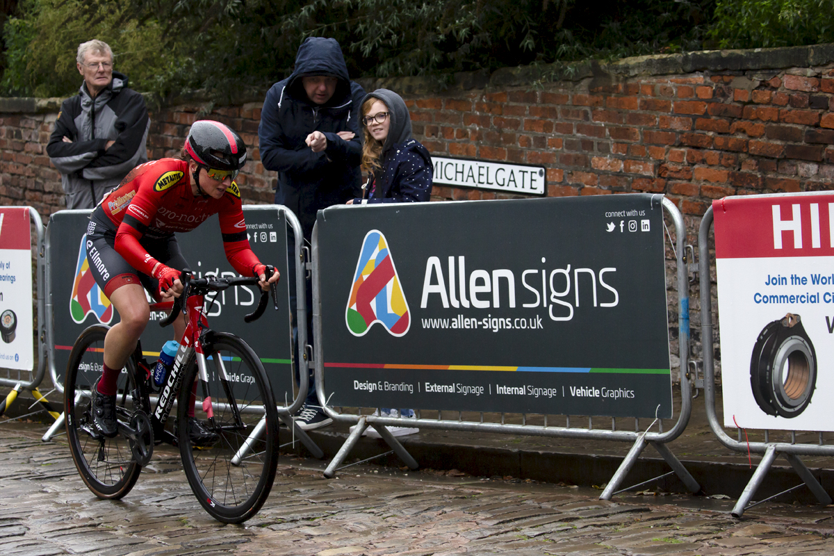 British National Road Championships 2021 - Women’s Road Race - Jo Tindley of Pro-Noctis-Redchilli Bikes-Heidi Kjeldsen passes fans at the top of Michaelgate