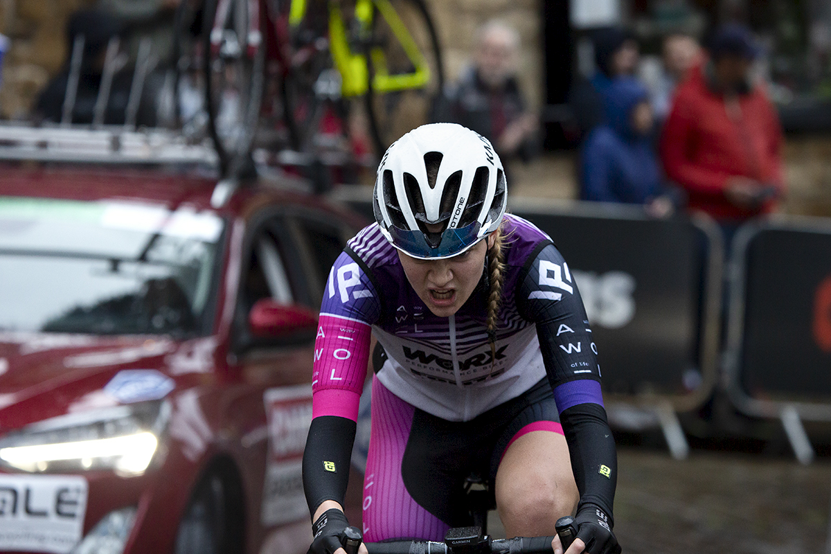 British National Road Championships 2021 - Women’s Road Race - Lydia Watts of AWOL Worx Galliard grits her teeth to tackle the cobbled climb