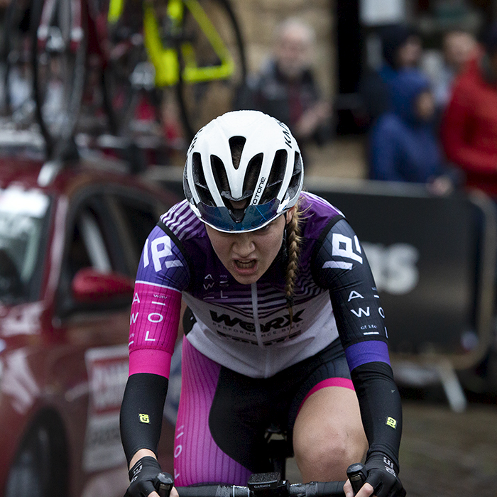 British National Road Championships 2021 - Women’s Road Race - Lydia Watts of AWOL Worx Galliard grits her teeth to tackle the cobbled climb