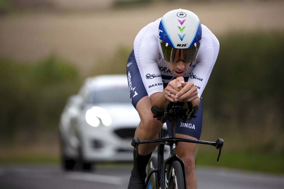 British National Road Championships 2022 - Men’s Time Trial - Alex Dowsett of Israel Start-Up Nation followed by his support vehicle during the event