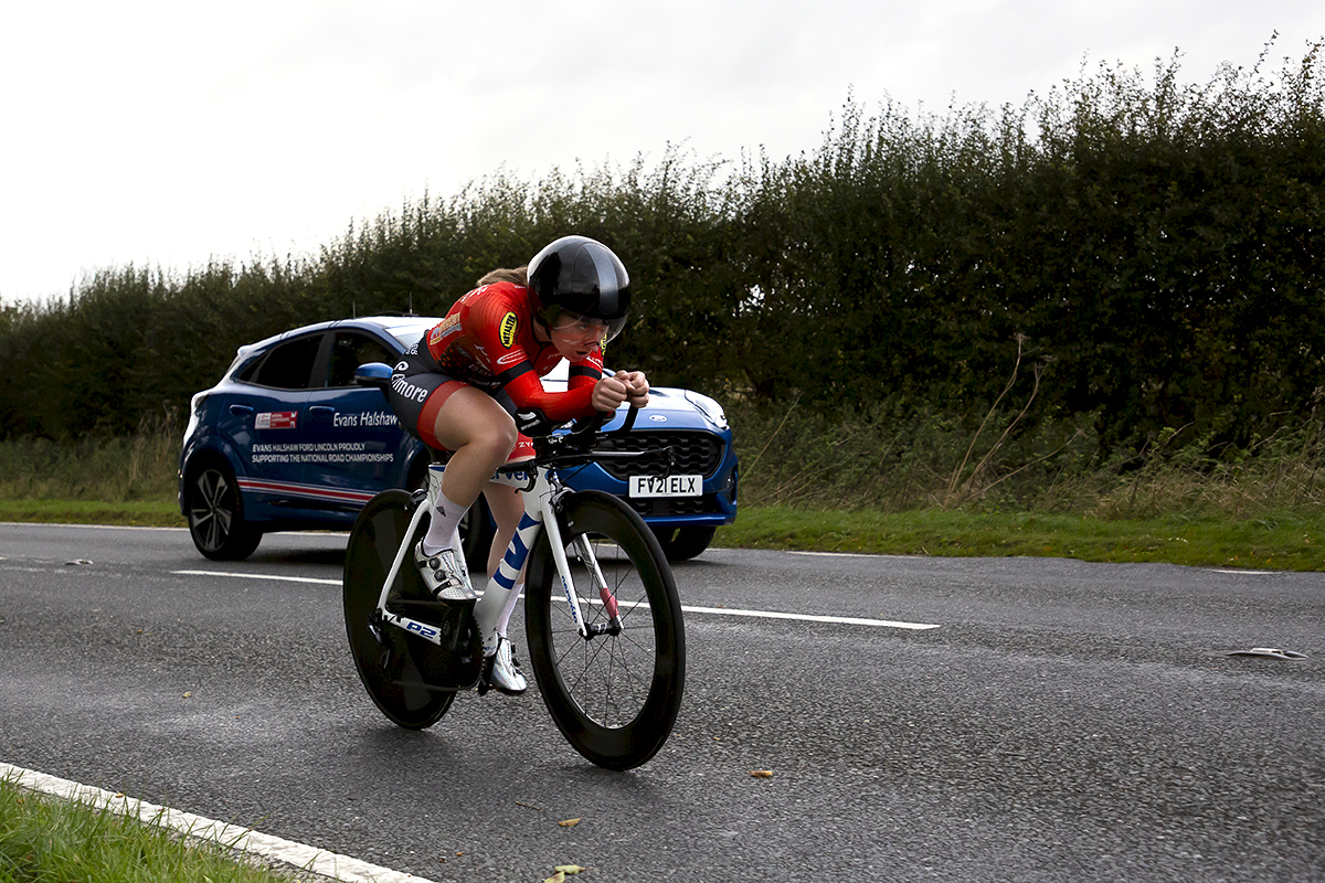 British National Road Championships 2022 - Women’s Time Trial - Charlotte Berry Pro-Noctis–Redchilli Bikes–Heidi Kjeldsen with her support vehicle close by