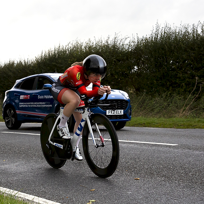 British National Road Championships 2022 - Women’s Time Trial - Charlotte Berry Pro-Noctis–Redchilli Bikes–Heidi Kjeldsen with her support vehicle close by