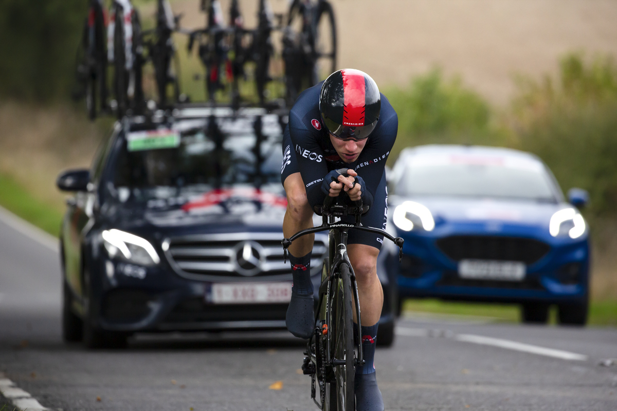 British National Road Championships 2022 - Men’s Time Trial - Ethan Hayter of INEOS Grenadiers is followed by his team support vehicle during the event