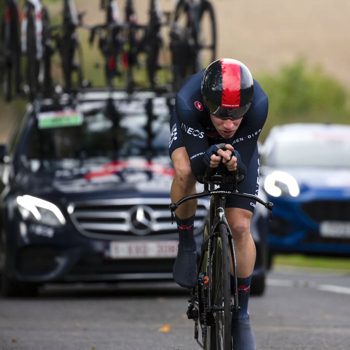 British National Road Championships 2022 - Men’s Time Trial - Ethan Hayter of INEOS Grenadiers is followed by his team support vehicle during the event