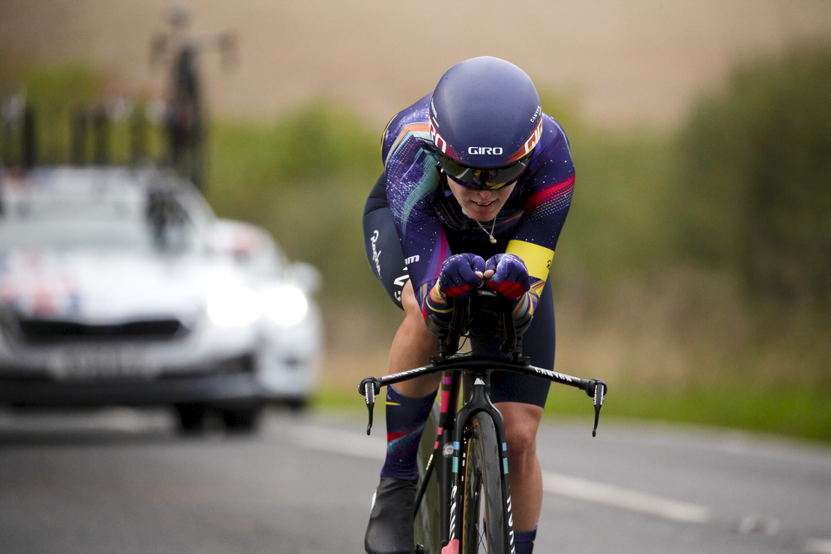 British National Road Championships 2022 - Women’s Time Trial - Hannah Barnes of Canyon//SRAM Racing is followed by her support vehicle