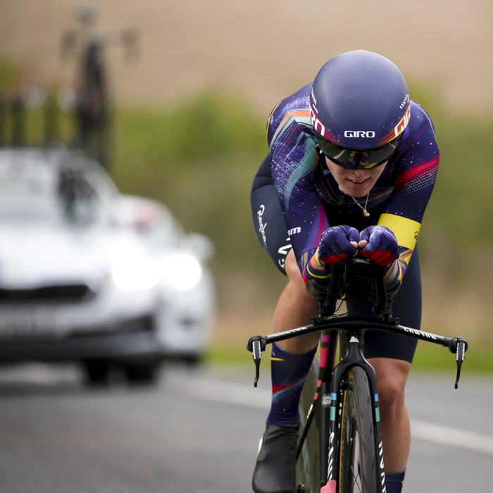 British National Road Championships 2022 - Women’s Time Trial - Hannah Barnes of Canyon//SRAM Racing is followed by her support vehicle