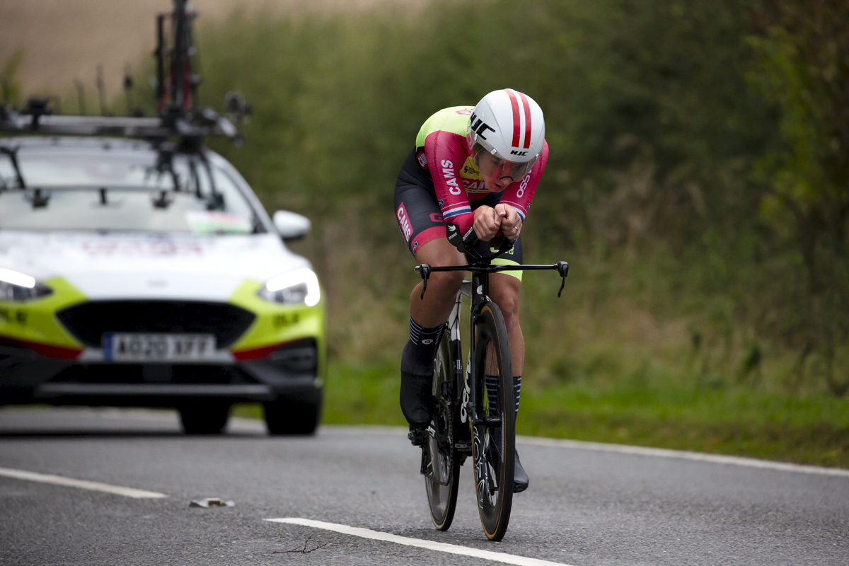 British National Road Championships 2022 - Women’s Time Trial - Hayley Simmonds of CAMS-Basso is followed by her team car during the event