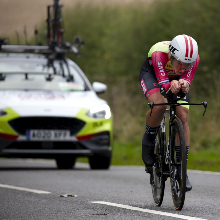 British National Road Championships 2022 - Women’s Time Trial - Hayley Simmonds of CAMS-Basso is followed by her team car during the event