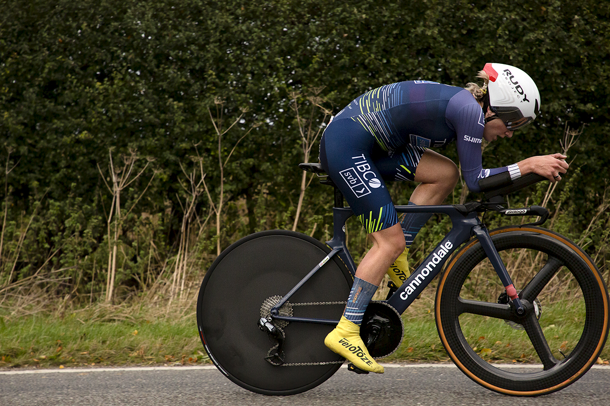 British National Road Championships 2022 - Women’s Time Trial - a side on view of Leah Dixon of Team TIBCO-Silicon Valley Bank in an aero tuck