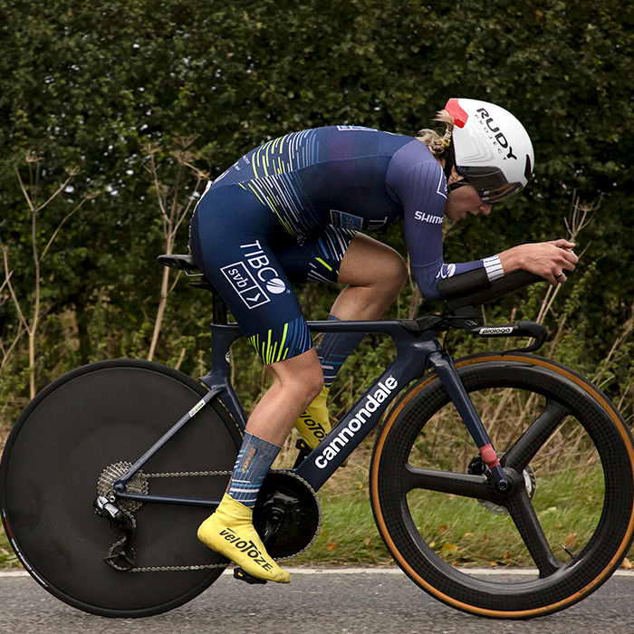 British National Road Championships 2022 - Women’s Time Trial - a side on view of Leah Dixon of Team TIBCO-Silicon Valley Bank in an aero tuck