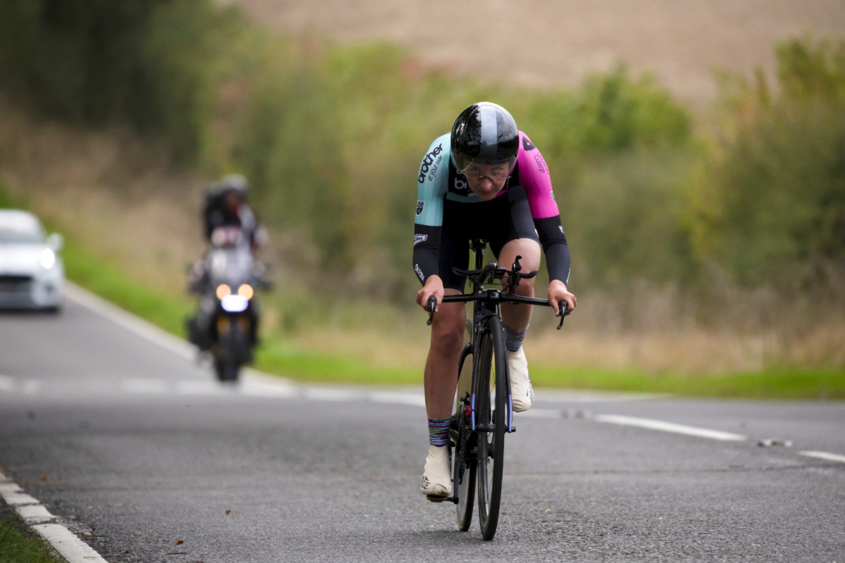 British National Road Championships 2022 - Women’s Time Trial - Rebecca Richardson of Brother U.K – Cycle Team OnForm is followed by the camera motorbike