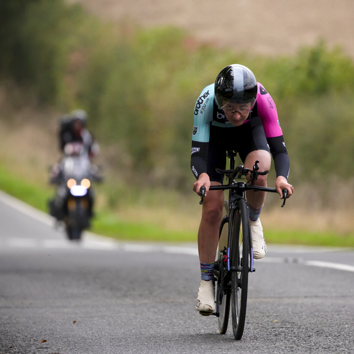 British National Road Championships 2022 - Women’s Time Trial - Rebecca Richardson of Brother U.K – Cycle Team OnForm is followed by the camera motorbike