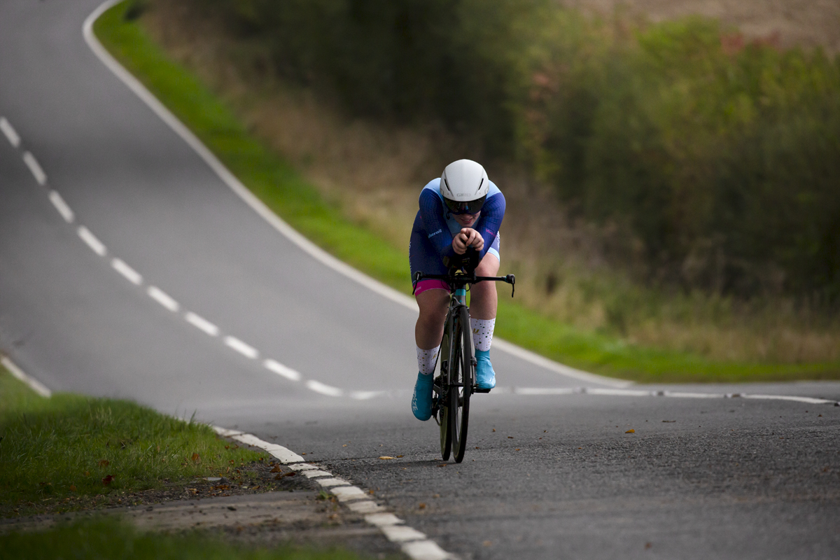 British National Road Championships 2022 - Women’s Time Trial - Sophie Lankford of Jadan–Vive le Velo with the road stretching out behind her