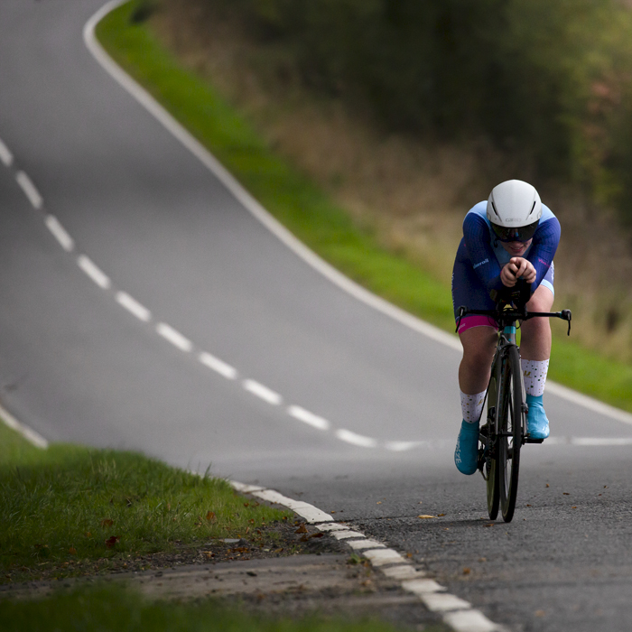 British National Road Championships 2022 - Women’s Time Trial - Sophie Lankford of Jadan–Vive le Velo with the road stretching out behind her