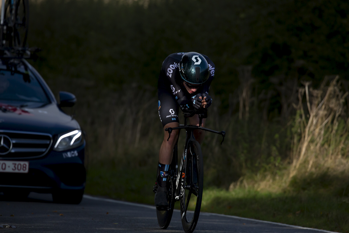 British National Road Championships 2021 - Men’s U23 Time Trial - Leo Hayter of Development Team DSM moves through the shadows cast by the hedgerows during the event