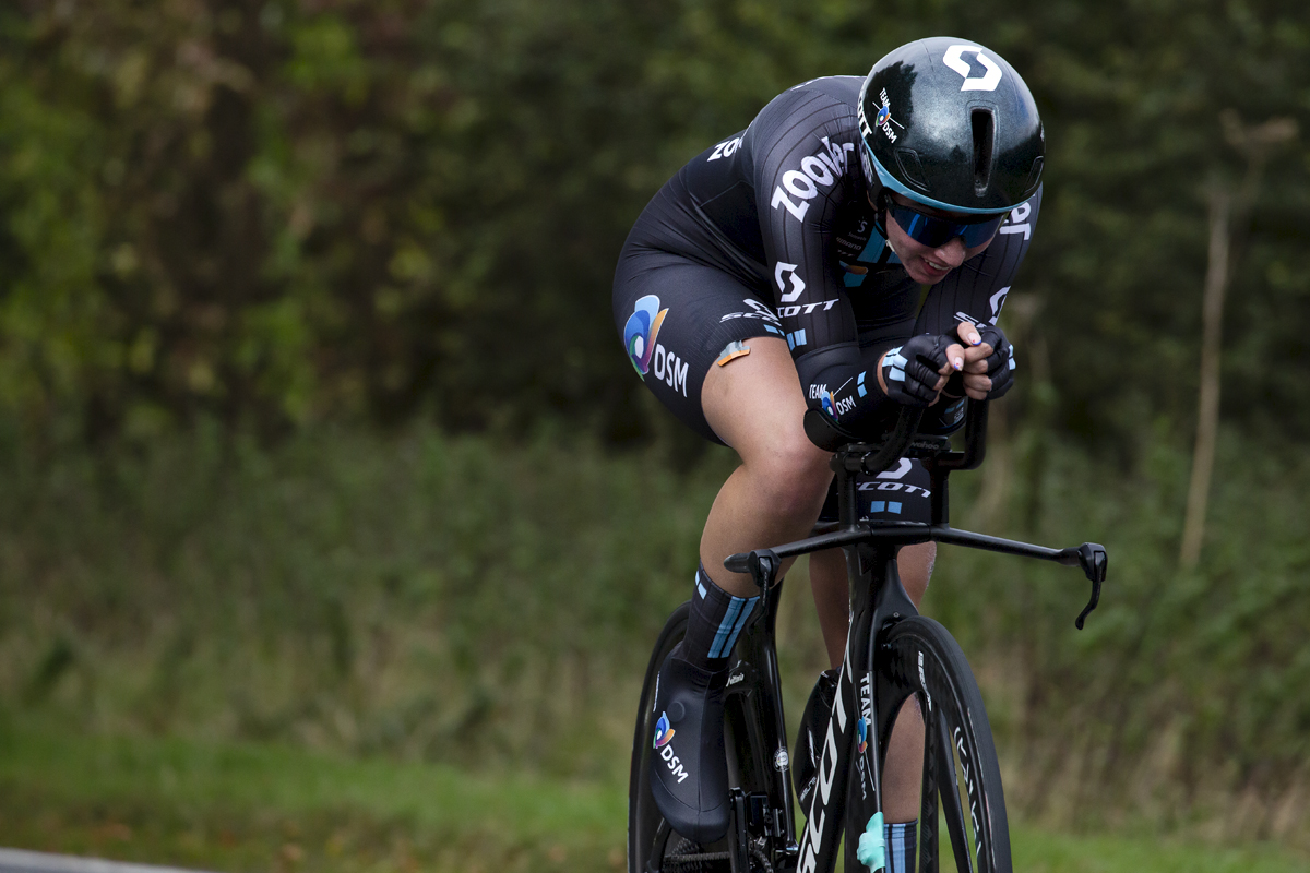 British National Road Championships 2021 - Women’s U23 Time Trial - The effort shows the face of on Team DSM’s  Pfeiffer Georgi as she takes part in the race