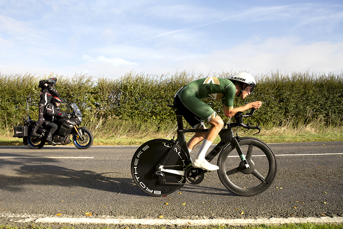 British National Road Championships 2021 - Men’s U23 Time Trial - Side view of Sam Watson of Team Inspired in an aero tuck