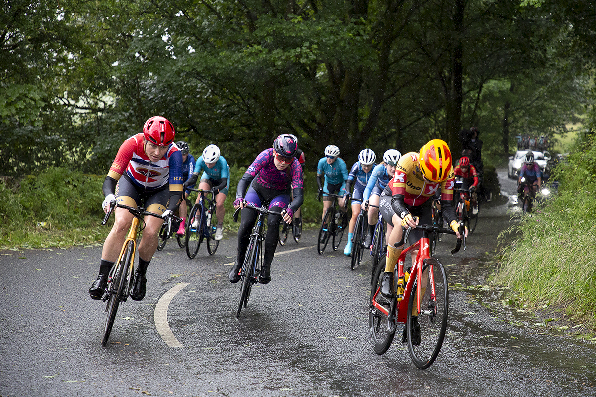 British National Road Championships 2022 - Women’s Road Race - Sarah Storey from Storey Racing in the peloton climbs a hill in the race