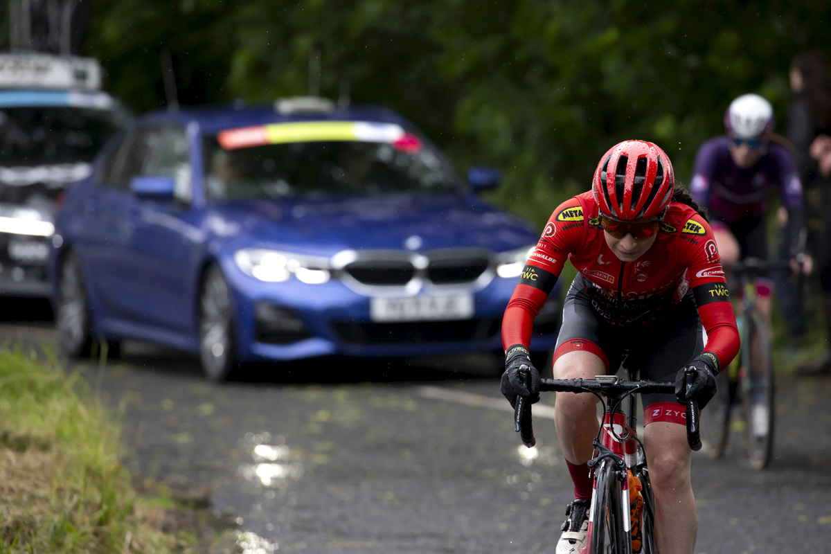 British National Road Championships 2022 - Women’s Road Race -  Amy Gornall riding for Pro-Noctis–Rotor–Redchilli Bikes presented by Heidi Kjeldsen struggles up the hill