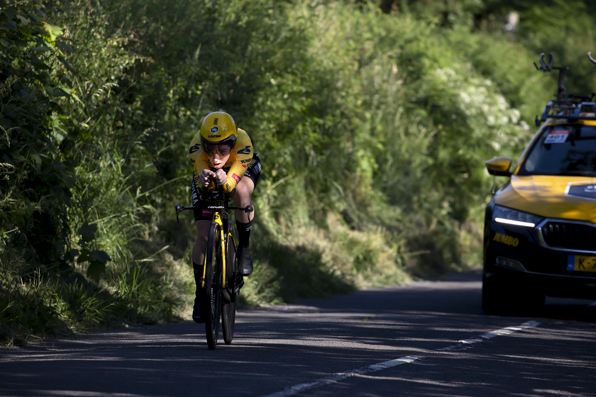 British National Road Championships 2022 - Women’s Time Trial - Anna Henderson of Team Jumbo‐Visma passes through shadows cast by hedgerows