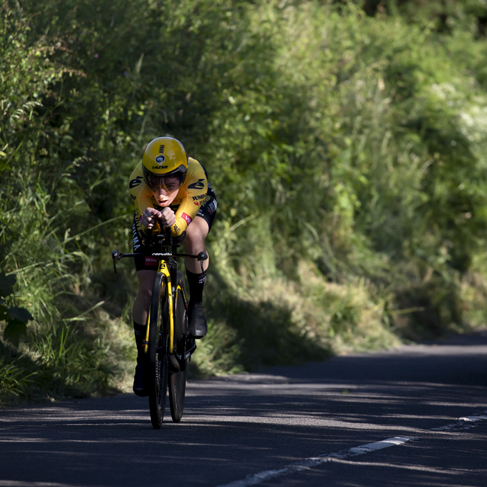 British National Road Championships 2022 - Women’s Time Trial - Anna Henderson of Team Jumbo‐Visma passes through shadows cast by hedgerows