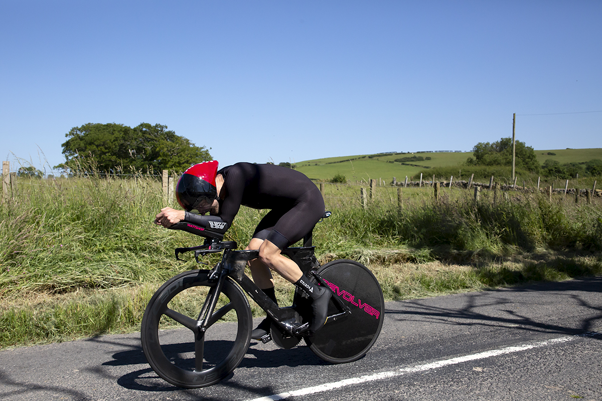 British National Road Championships 2022 - Men’s Time Trial - Dan Bigham  assumes an aero tuck during the competition