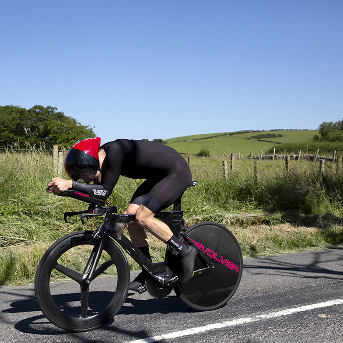 British National Road Championships 2022 - Men’s Time Trial - Dan Bigham  assumes an aero tuck during the competition