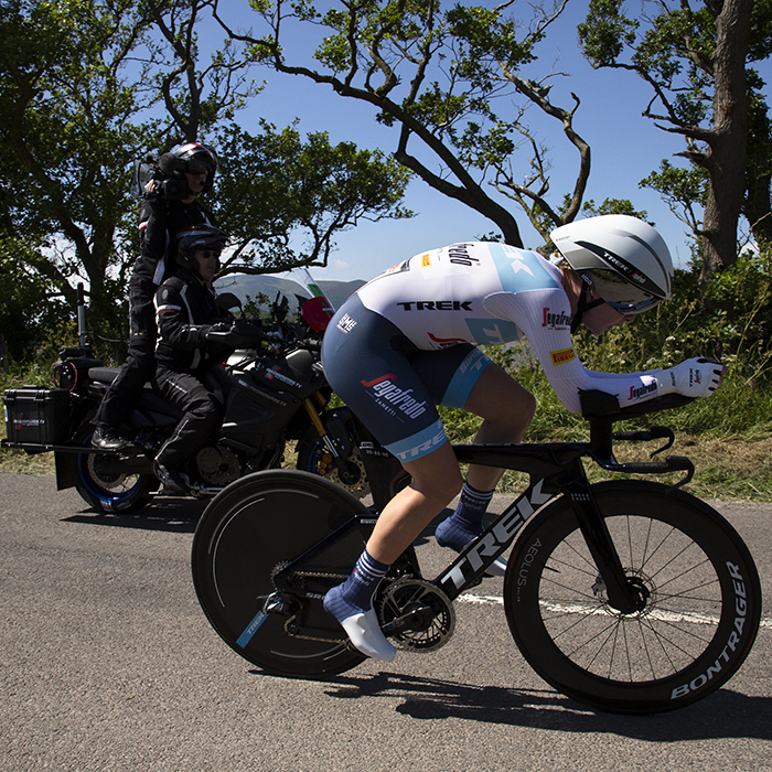 British National Road Championships 2022 - Women’s U23 Time Trial - Elynor Bäckstedt of Trek-Segafredo is followed by the camera motorbike during the event