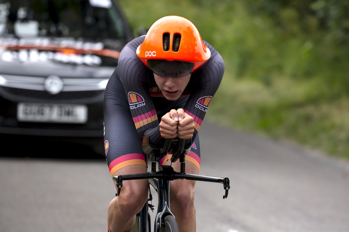 British National Road Championships 2022 - Men’s U23 Time Trial - Joe Wilson of Dolan Ellesse Race Team is closely followed by his support car