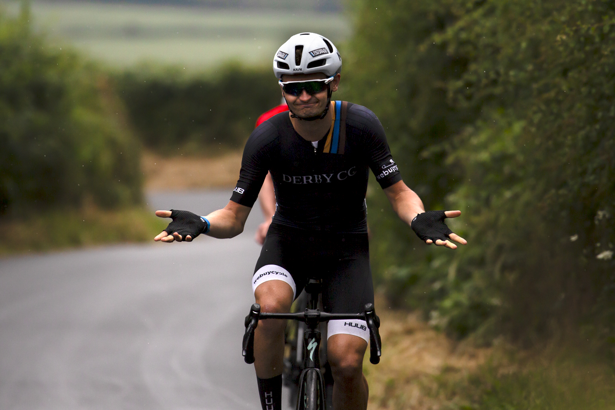 British National Road Championships 2023 - Men’s Road Race - Josh Housley riding for  Derby CC Webuycycle Huub RT shrugs