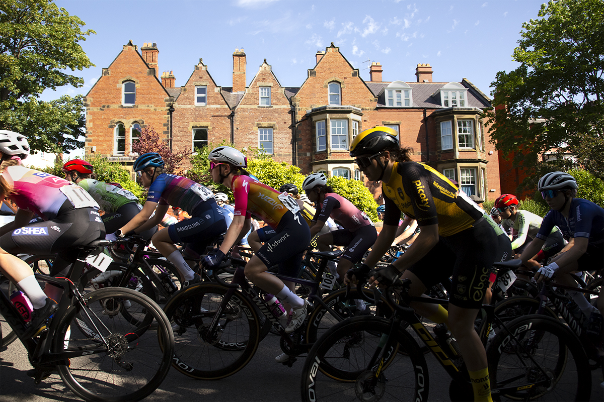 British National Road Championships 2023 - Women’s Road Race - The race passes by a row of grand Victorian houses