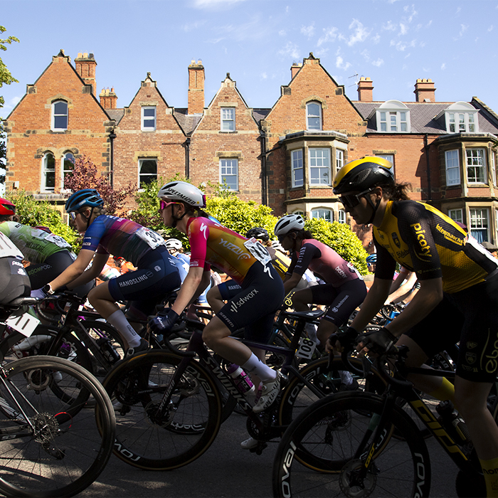 British National Road Championships 2023 - Women’s Road Race - The race passes by a row of grand Victorian houses