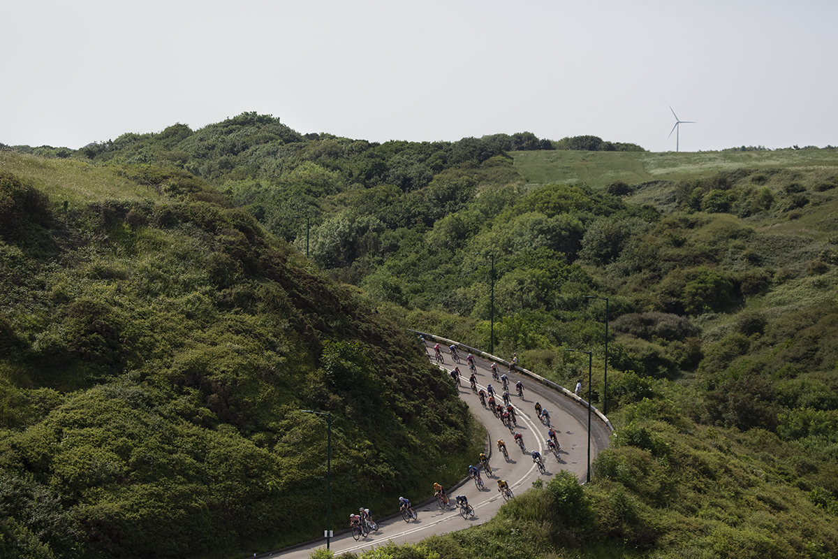 British National Road Championships 2023 -  Women’s Road Race - View from above of the peloton descending Saltburn Bank