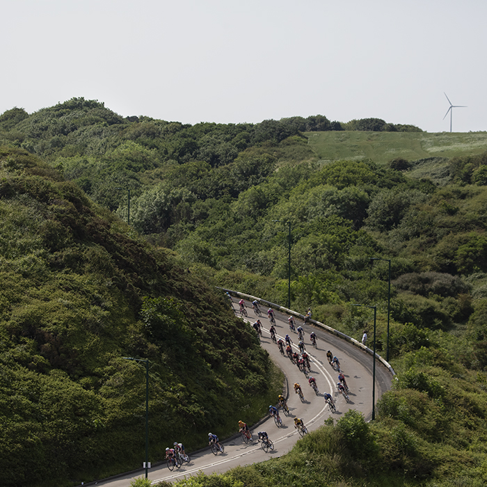 British National Road Championships 2023 -  Women’s Road Race - View from above of the peloton descending Saltburn Bank