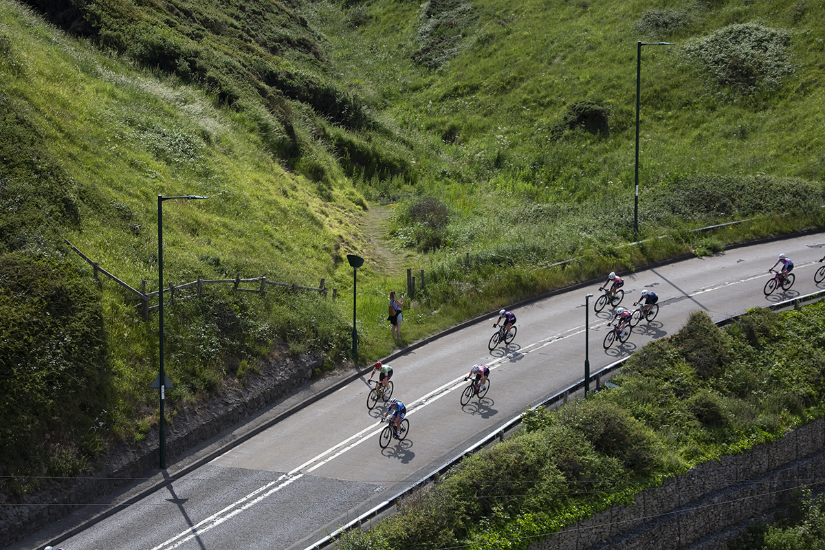 British National Road Championships 2023 - Women’s Road Race -  View from above of the race descending Saltburn Bank