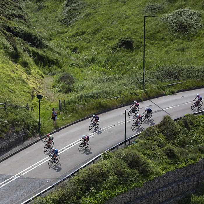 British National Road Championships 2023 - Women’s Road Race -  View from above of the race descending Saltburn Bank