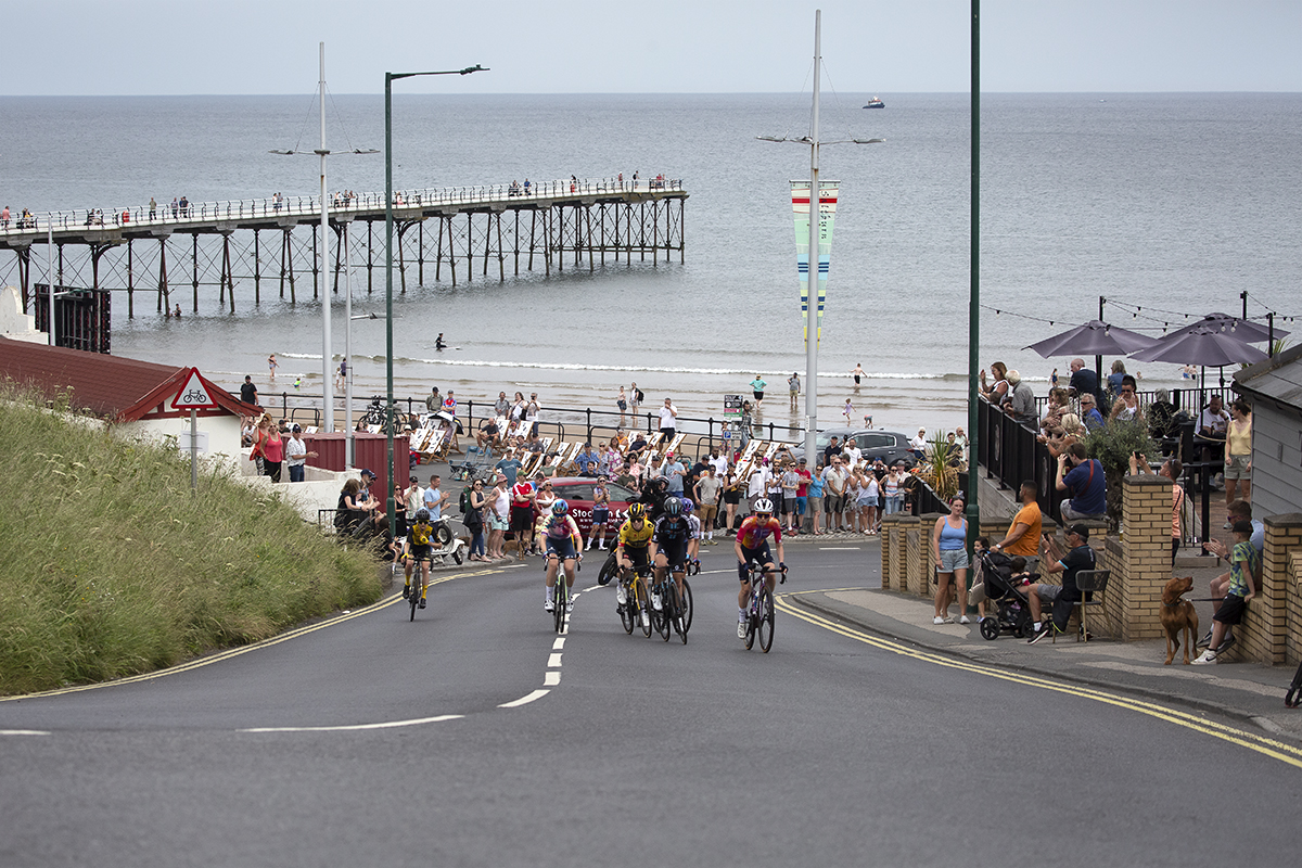 British National Road Championships 2023 -Women’s Road Race - The breakaway ascends with the sea and Saltburn Pier in the background