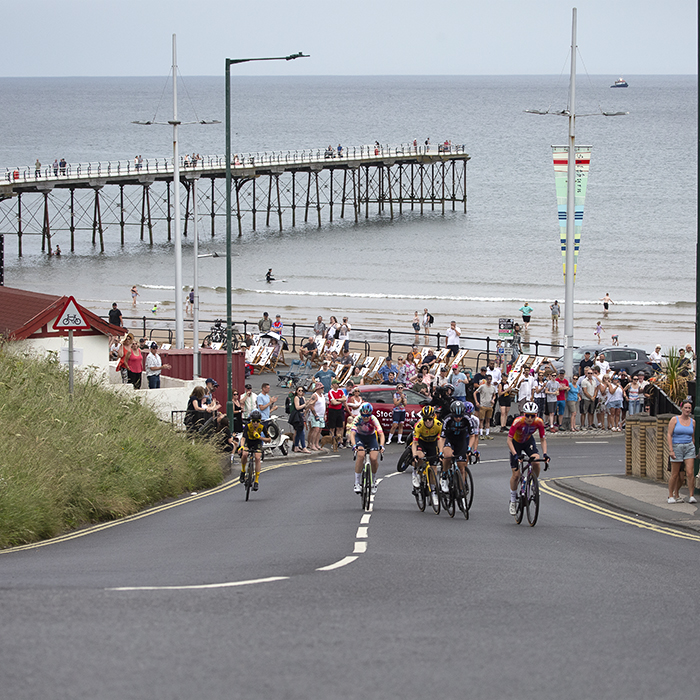 British National Road Championships 2023 -Women’s Road Race - The breakaway ascends with the sea and Saltburn Pier in the background