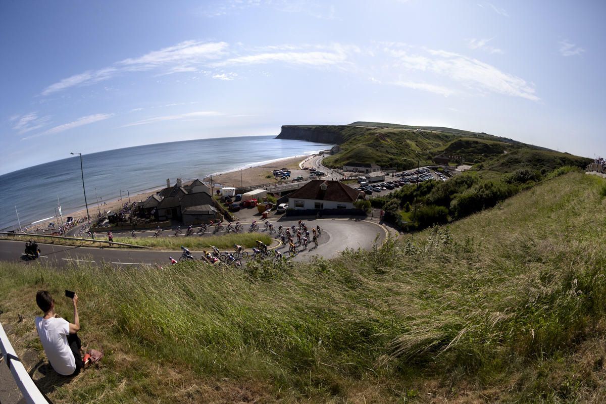 British National Road Championships 2023 - Women’s Road Race - The peloton tackles the switchbacks on the Saltburn Road climb