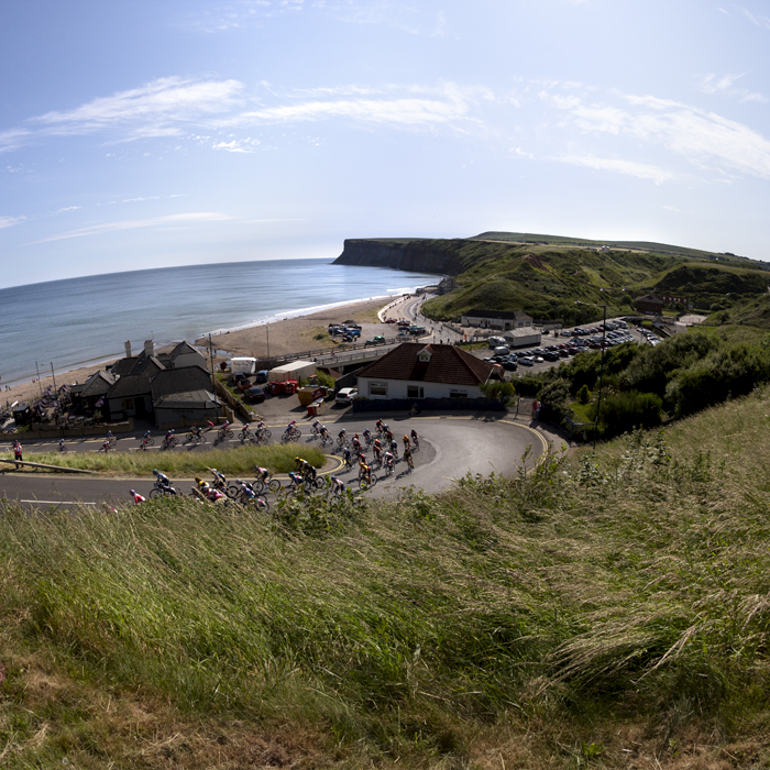 British National Road Championships 2023 - Women’s Road Race - The peloton tackles the switchbacks on the Saltburn Road climb