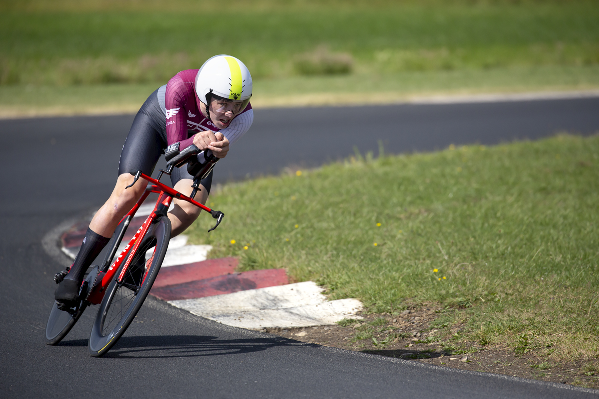 British National Road Championships 2023 - Men’s U23 Time Trial - Charles Bailey from Foran CCC races round a corner on the motor racing circuit