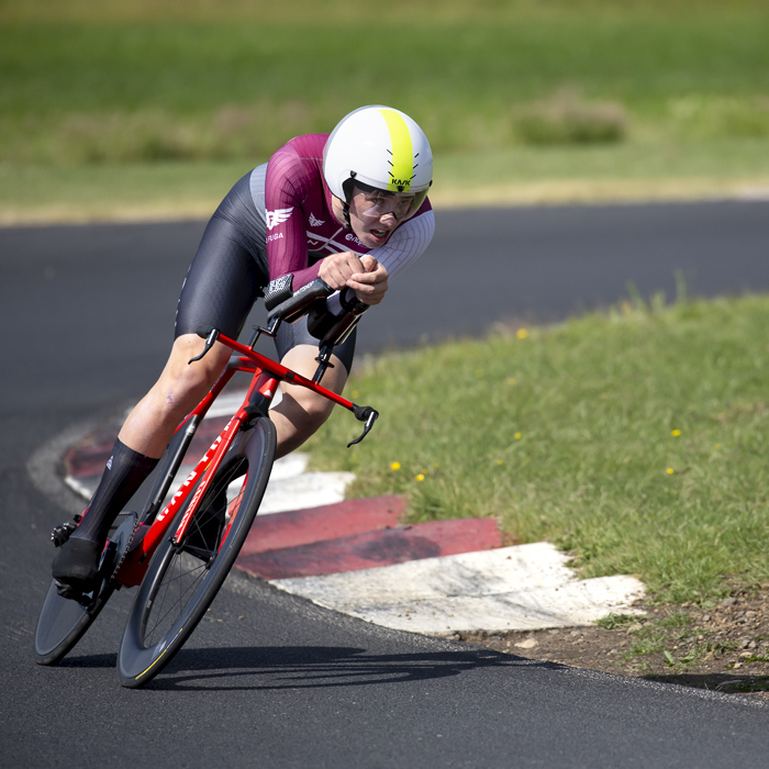 British National Road Championships 2023 - Men’s U23 Time Trial - Charles Bailey from Foran CCC races round a corner on the motor racing circuit