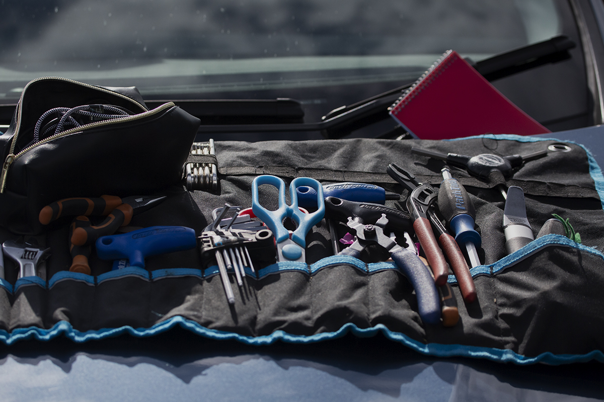 British National Road Championships 2023 - Time Trial - A bag of tools set out on the bonnet of a car