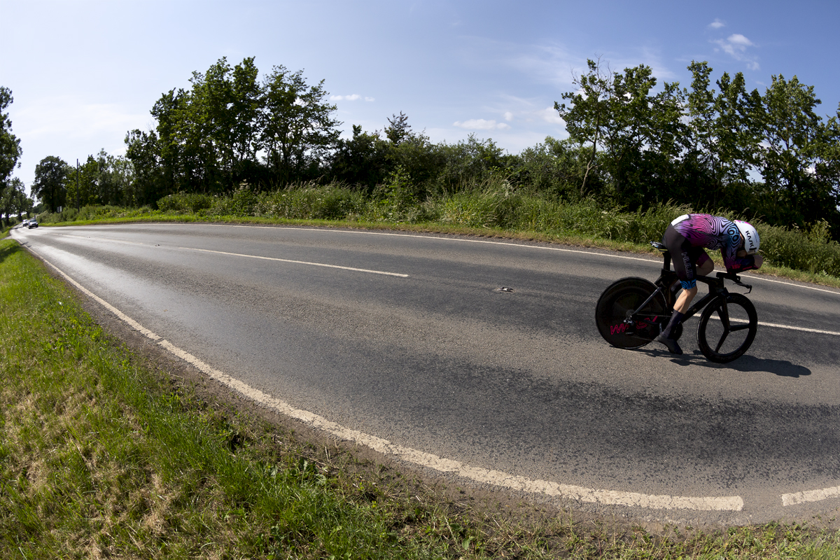 British National Road Championships 2023 - Men’s Time Trial - Dan Bigham from HUUB WattShop in an aero tuck out on the roads