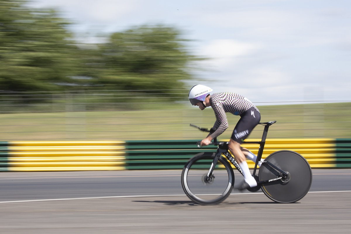 British National Road Championships 2023 - Men’s U23 Time Trial - Max Walker of Trinity Racing passes barriers on the Croft Circuit