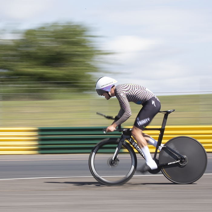 British National Road Championships 2023 - Men’s U23 Time Trial - Max Walker of Trinity Racing passes barriers on the Croft Circuit