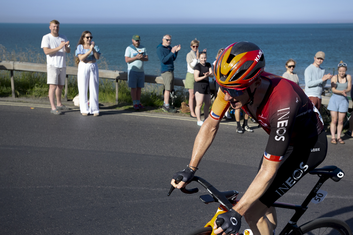 British National Road Championships 2024 - Men’s Road Race - Connor Swift of INEOS Grenadiers rounds the corner into the final ascent of the climb in Saltburn-by-the-Sea